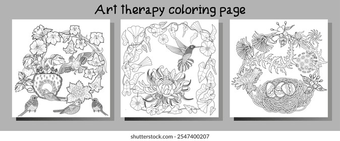 Dibujo para colorear de terapia artística. Libro para colorear antiestrés para niños y adultos. Pájaros y flores dibujados a mano en estilo vintage. Ideal para aquellos que quieren sentirse más conectados con la naturaleza.
