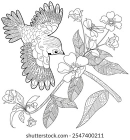 Dibujo para colorear de terapia artística. Libro para colorear antiestrés para niños y adultos. Pájaros y flores dibujados a mano en estilo vintage. Ideal para aquellos que quieren sentirse más conectados con la naturaleza.
