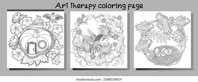 Dibujo para colorear de terapia artística. Libro para colorear antiestrés para niños y adultos. Pájaros y flores dibujados a mano en estilo vintage. Ideal para aquellos que quieren sentirse más conectados con la naturaleza.
