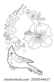 Dibujo para colorear de terapia artística. Libro para colorear antiestrés para niños y adultos. Pájaros y flores dibujados a mano en estilo vintage. Ideal para aquellos que quieren sentirse más conectados con la naturaleza.
