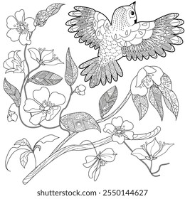 Art therapy coloring page. Coloring book antistress for children and adults. Birds and flowers hand drawn in vintage style . Ideal for those who want to feel more connected to nature.
