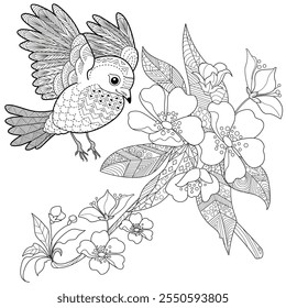 Dibujo para colorear de terapia artística. Libro para colorear antiestrés para niños y adultos. Pájaros y flores dibujados a mano en estilo vintage. Ideal para aquellos que quieren sentirse más conectados con la naturaleza.
