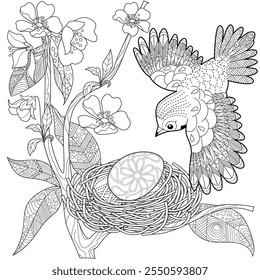 Dibujo para colorear de terapia artística. Libro para colorear antiestrés para niños y adultos. Pájaros y flores dibujados a mano en estilo vintage. Ideal para aquellos que quieren sentirse más conectados con la naturaleza.
