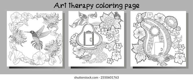 Dibujo para colorear de terapia artística. Libro para colorear antiestrés para niños y adultos. Pájaros y flores dibujados a mano en estilo vintage. Ideal para aquellos que quieren sentirse más conectados con la naturaleza.