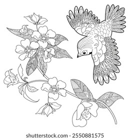 Dibujo para colorear de terapia artística. Libro para colorear antiestrés para niños y adultos. Pájaros y flores dibujados a mano en estilo vintage. Ideal para aquellos que quieren sentirse más conectados con la naturaleza.
