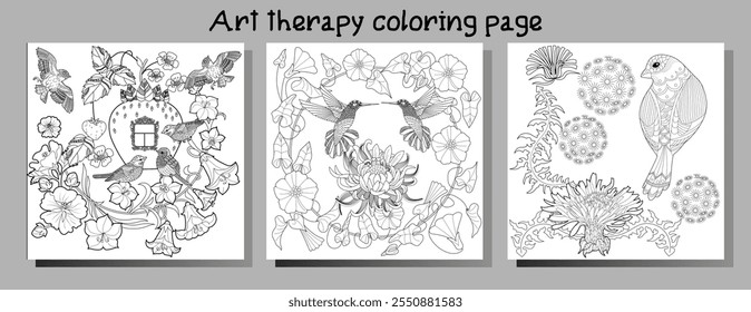 Dibujo para colorear de terapia artística. Libro para colorear antiestrés para niños y adultos. Pájaros y flores dibujados a mano en estilo vintage. Ideal para aquellos que quieren sentirse más conectados con la naturaleza.