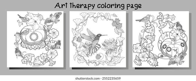 Art therapy coloring page. Coloring book antistress for children and adults. Birds and flowers hand drawn in vintage style . Ideal for those who want to feel more connected to nature.