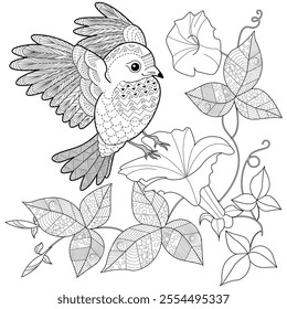 Art therapy coloring page. Coloring book antistress for children and adults. Birds and flowers hand drawn in vintage style . Ideal for those who want to feel more connected to nature.