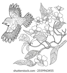 Art therapy coloring page. Coloring book antistress for children and adults. Birds and flowers hand drawn in vintage style . Ideal for those who want to feel more connected to nature.