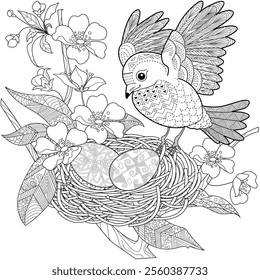 Art therapy coloring page. Coloring book antistress for children and adults. Birds and flowers hand drawn in vintage style . Ideal for those who want to feel more connected to nature.