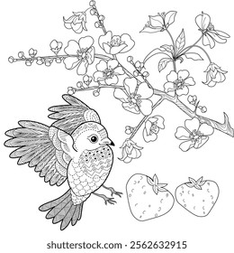 Art therapy coloring page. Coloring book antistress for children and adults. Birds and flowers hand drawn in vintage style . Ideal for those who want to feel more connected to nature.