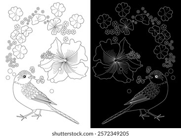 Art therapy coloring page. Coloring book antistress for children and adults. Birds and flowers hand drawn in vintage style . Ideal for those who want to feel more connected to nature.
