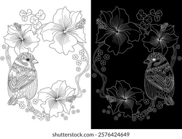 Art therapy coloring page. Coloring book antistress for children and adults. Birds and flowers hand drawn in vintage style . Ideal for those who want to feel more connected to nature.
