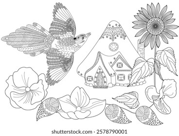 Art therapy coloring page. Coloring book antistress for children and adults. Birds and flowers hand drawn in vintage style . Ideal for those who want to feel more connected to nature.
