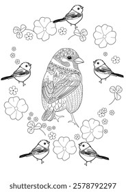 Art therapy coloring page. Coloring book antistress for children and adults. Birds and flowers hand drawn in vintage style . Ideal for those who want to feel more connected to nature.