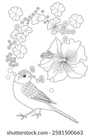 Art therapy coloring page. Coloring book antistress for children and adults. Birds and flowers hand drawn in vintage style . Ideal for those who want to feel more connected to nature.

