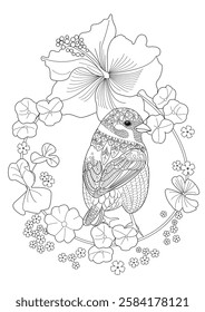 Art therapy coloring page. Coloring book antistress for children and adults. Birds and flowers hand drawn in vintage style . Ideal for those who want to feel more connected to nature.
