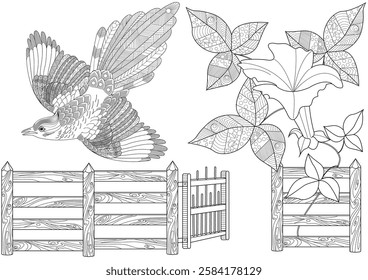 Art therapy coloring page. Coloring book antistress for children and adults. Birds and flowers hand drawn in vintage style . Ideal for those who want to feel more connected to nature.
