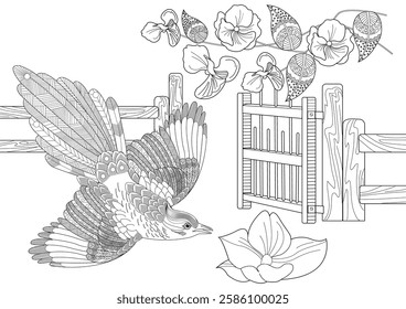 Art therapy coloring page. Coloring book antistress for children and adults. Birds and flowers hand drawn in vintage style . Ideal for those who want to feel more connected to nature.
