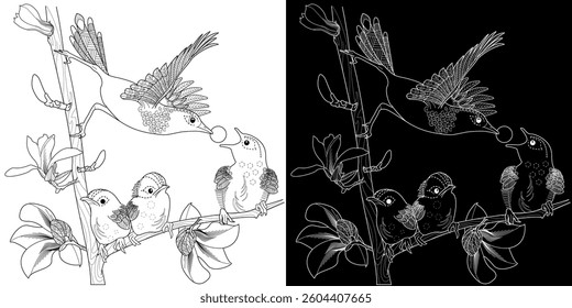 Art therapy coloring page. Coloring book antistress for children and adults. Birds and magnolia flowers. Ideal for those who want to feel more connected to nature.