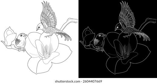 Art therapy coloring page. Coloring book antistress for children and adults. Birds and magnolia flowers. Ideal for those who want to feel more connected to nature.