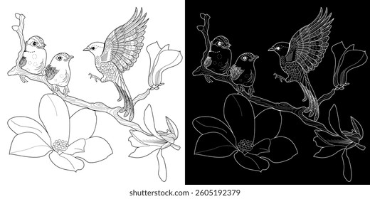 Art therapy coloring page. Coloring book antistress for children and adults. Birds and magnolia flowers. Ideal for those who want to feel more connected to nature.