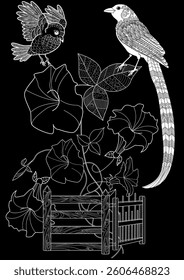 Art therapy coloring page. Coloring book antistress for children and adults. Birds hand drawn in vintage style. The art of linear engraving.
