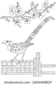 Art therapy coloring page. Coloring book antistress for children and adults. Birds hand drawn in vintage style. The art of linear engraving.
