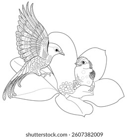 Art therapy coloring page. Coloring book antistress for children and adults. Birds and magnolia flowers. Ideal for those who want to feel more connected to nature.
