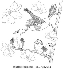 Art therapy coloring page. Coloring book antistress for children and adults. Birds and magnolia flowers. Ideal for those who want to feel more connected to nature.

