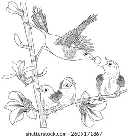 Art therapy coloring page. Coloring book antistress for children and adults. Birds and magnolia flowers. Ideal for those who want to feel more connected to nature.
