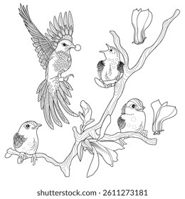Art therapy coloring page. Coloring book antistress for children and adults. Birds and magnolia flowers. Ideal for those who want to feel more connected to nature.
