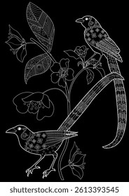 Art therapy coloring page. Coloring book antistress for children and adults. Birds and flowers hand drawn in vintage style . Ideal for those who want to feel more connected to nature.
