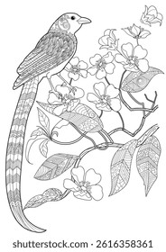Art therapy coloring page. Coloring book antistress for children and adults. Birds and flowers hand drawn in vintage style . Ideal for those who want to feel more connected to nature.
