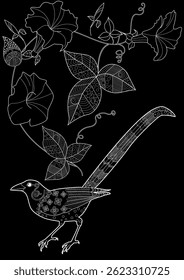 Art therapy coloring page. Coloring book antistress for children and adults. Birds and flowers hand drawn in vintage style . Ideal for those who want to feel more connected to nature.
