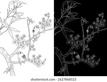 Art therapy coloring page. Coloring book antistress for children and adults. Birds and a blossoming plum tree. Ideal for those who want to feel more connected to nature.