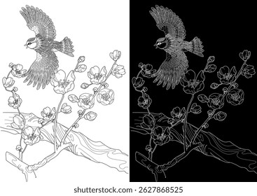 Art therapy coloring page. Coloring book antistress for children and adults. Birds and a blossoming plum tree. Ideal for those who want to feel more connected to nature.