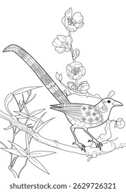Art therapy coloring page. Coloring book antistress for children and adults. Birds and a blossoming plum tree. Ideal for those who want to feel more connected to nature.