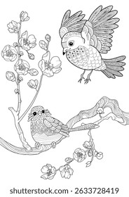 Art therapy coloring page. Coloring book antistress for children and adults. Birds and a blossoming plum tree. Ideal for those who want to feel more connected to nature.