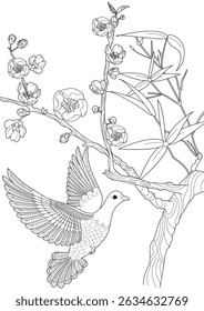 Art therapy coloring page. Coloring book antistress for children and adults. Birds and a blossoming plum tree. Ideal for those who want to feel more connected to nature.