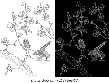 Art therapy coloring page. Coloring book antistress for children and adults. Birds and a blossoming plum tree. Ideal for those who want to feel more connected to nature.

