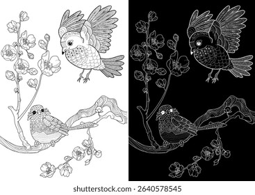 Art therapy coloring page. Coloring book antistress for children and adults. Birds and a blossoming plum tree. Ideal for those who want to feel more connected to nature.

