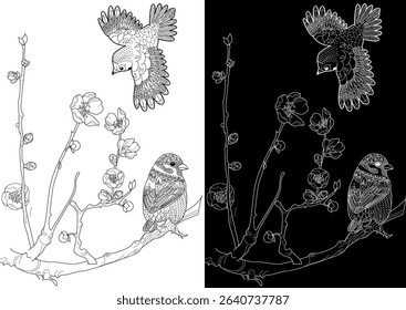 Art therapy coloring page. Coloring book antistress for children and adults. Birds and a blossoming plum tree. Ideal for those who want to feel more connected to nature.
