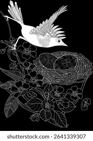 Art therapy coloring page. Coloring book antistress for children and adults. Birds and flowers hand drawn in vintage style . Ideal for those who want to feel more connected to nature.
