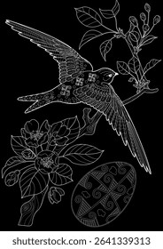 Art therapy coloring page. Coloring book antistress for children and adults. Birds and flowers hand drawn in vintage style . Ideal for those who want to feel more connected to nature.

