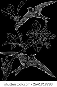 Art therapy coloring page. Coloring book antistress for children and adults. Birds and flowers hand drawn in vintage style . Ideal for those who want to feel more connected to nature.
