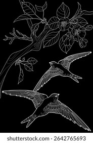Art therapy coloring page. Coloring book antistress for children and adults. Birds and a blossoming plum tree. Ideal for those who want to feel more connected to nature.
