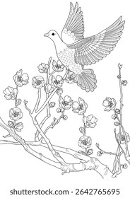Art therapy coloring page. Coloring book antistress for children and adults. Birds and a blossoming plum tree. Ideal for those who want to feel more connected to nature.
