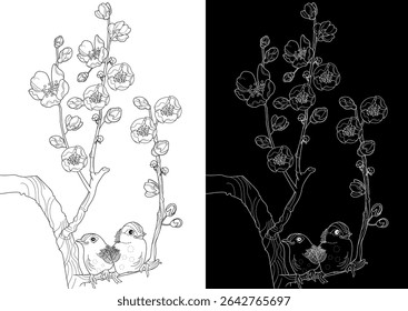 Página de coloração da arte-terapia. Livro de colorir antistress para crianças e adultos. Pássaros e uma ameixeira florescente. Ideal para quem quer se sentir mais ligado à natureza.
