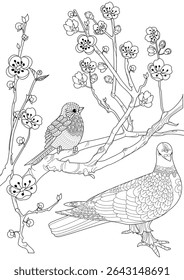 Art therapy coloring page. Coloring book antistress for children and adults. Birds and a blossoming plum tree. Ideal for those who want to feel more connected to nature.
